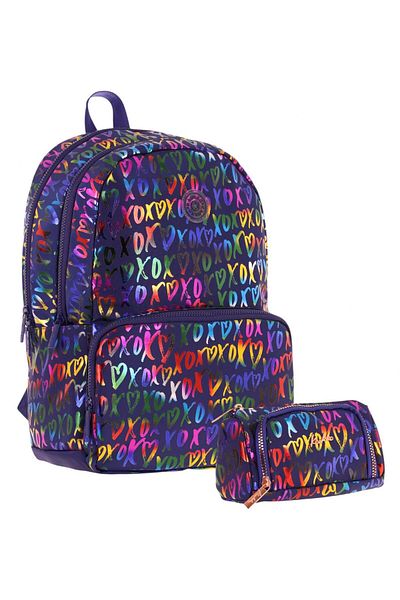 KAUKKO Set rucsac și suport pentru stilou pentru școala primară și gimnazială, cu model XOXO, albastru bleumarin pentru fete Shine