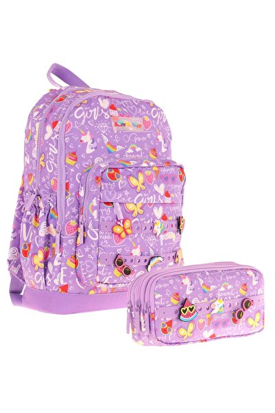 KAUKKO Παιδική μωβ σχολική τσάντα και σετ μολυβοθήκη τριών θέσεων - με αξεσου...