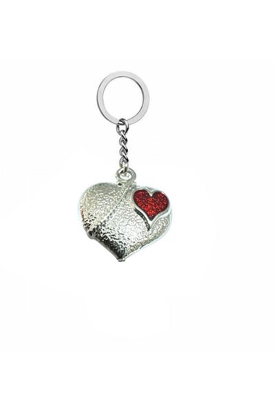 Herşey Nota Mini Red Heart Inside Metal Heart Unisex Zamak Plated Keychain – Symbol of Interwoven Love