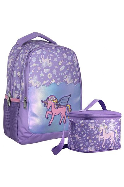 Cennec Set de nutriție și geantă dublă liliac pentru fetiță cu model unicorn Pegasus brodat - SETUMT5027B