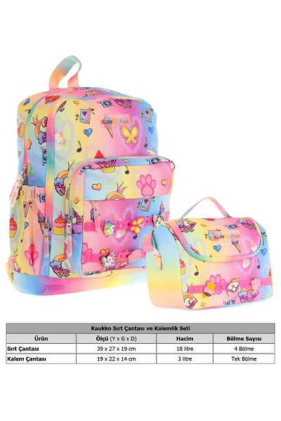 KAUKKO Kids Four Compartment Backpack and Thermal Insulated Lunch Bag Set - Girls - Blue Yellow