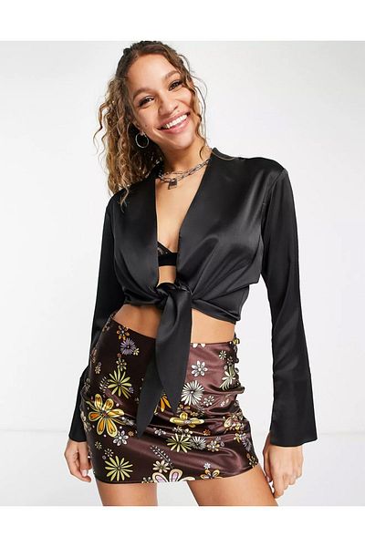 FASHION COCKTAIL Satin Front Tie Low-cut Night Cocktail Combination Long Sleeve Crop Blouse