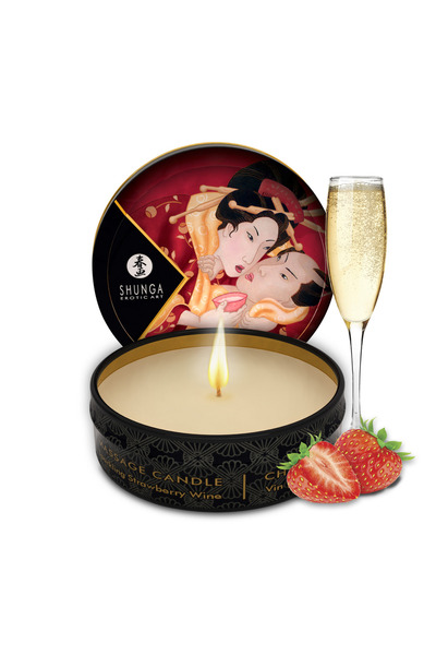 Shunga Lumânare de masaj, model Romance, aromă căpșuni, 30 ml