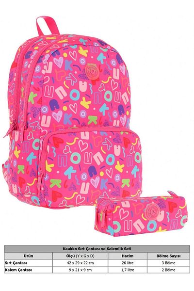 KAUKKO Brocade Heart and Kaukko Printed Pink Girl's School Bag and Pen Holder Set