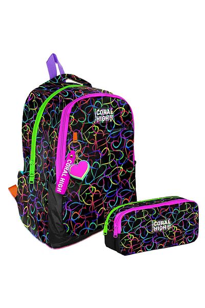 Coral High Set rucsac și suport pentru stilou cu două compartimente pentru școală primară/liceu - Fată - Inimă Negru Roz