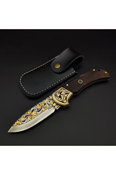 Bıçak Şehri 24 ayar gerçek altın işlemeli şimşek model N690 çelik kamp çakısı