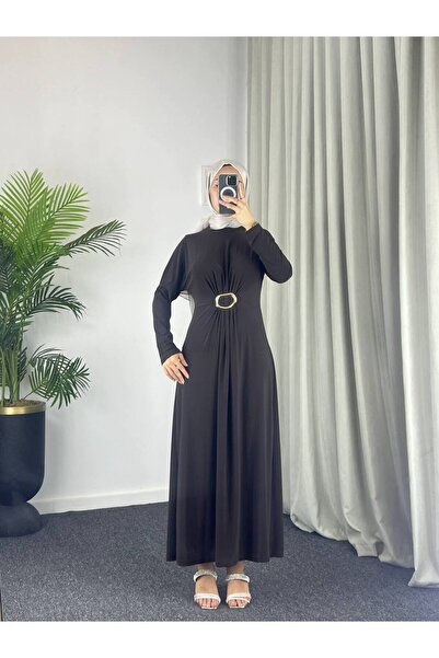 Esre Store 61558 - Φόρεμα Τεσεττούρ με ζώνη σε καφέ χρώμα