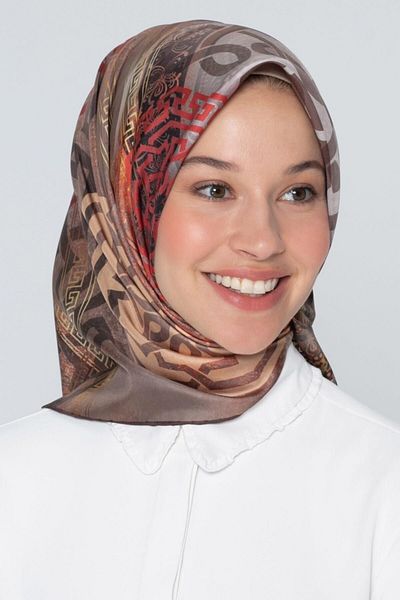 Armine Nostalgia Series Twill Silk Scarf 8245D-01 Geometric Pattern Brown
