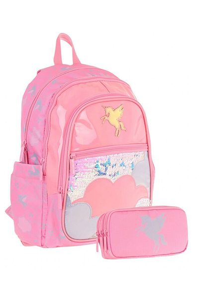KAUKKO Girl's School Bag and Three Compartment Pen Holder Set (Pink - Sequin Cloud) - (L5218+L8218)