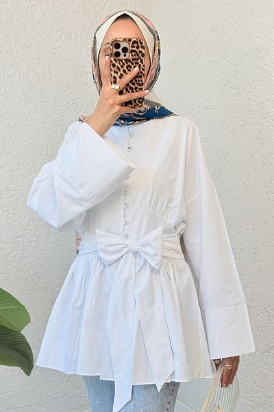Salih Çelebi Belted Kimono Sleeve Tunic 2343 - White