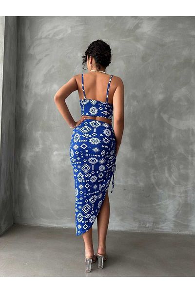 ESPOİRPLUS Authentic Patterned Suspender Blouse Adjustable Slit Long Skirt Crop-Skirt Set
