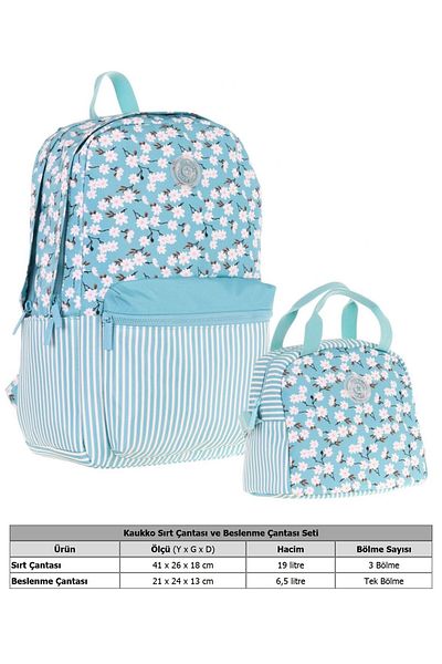 KAUKKO Soft Floral Turquoise Flower and Stripe School Bag and Thermal Insulated Nutrition Set - Girl
