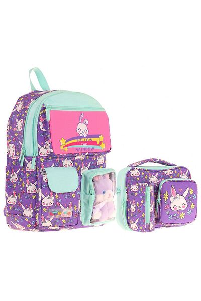 KAUKKO Set ghiozdan și cutie de prânz pentru fete, mov, verde, cu iepure de pluș (L5242+L7242)