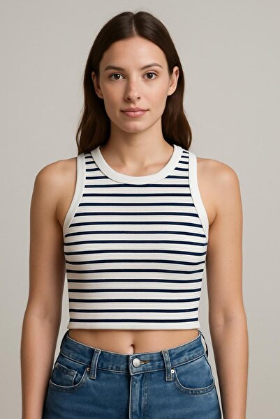 MONARCHMODA توب نسائي قصير مضلع (2025 صيفي مخطط قصير بدون أكمام 95% قطن 5% إي...