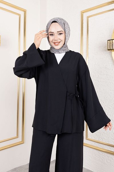 Tesettür Dünyası Kimono Suit with Side Tie Tsd250200 Black