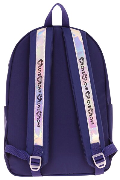 KAUKKO Parlak Love Şeritli Kalp Aksesuarlı Okul ve Günlük Sırt Çantası - Kız/Kadın - Lacivert-K1843