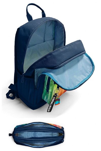 Coral High Boy's Backpack and Pen Holder Set - Navy Blue Multicolored Line Pattern - Primary School