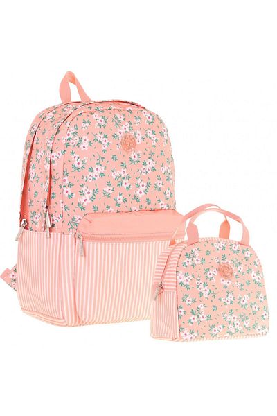 KAUKKO Soft Floral Salmon Flower and Stripe School Bag and Thermal Insulated Nutrition Set - Girl