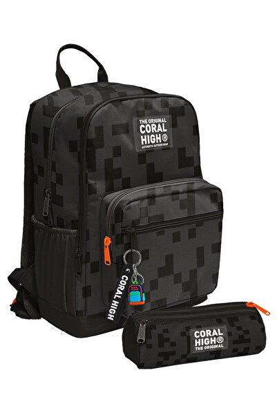Coral High Erkek Çocuk Sırt Çantası ve Kalemlik Seti - Siyah Blok Desenli - İ...
