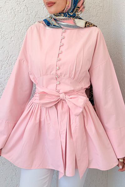 Salih Çelebi Belted Kimono Sleeve Tunic 2343 - Pink