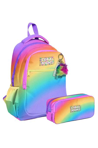 Coral High Rucsac pentru școală primară cu trei compartimente și suport pentru stilou cu două compartimente - Fată - Multicolor Color Transition