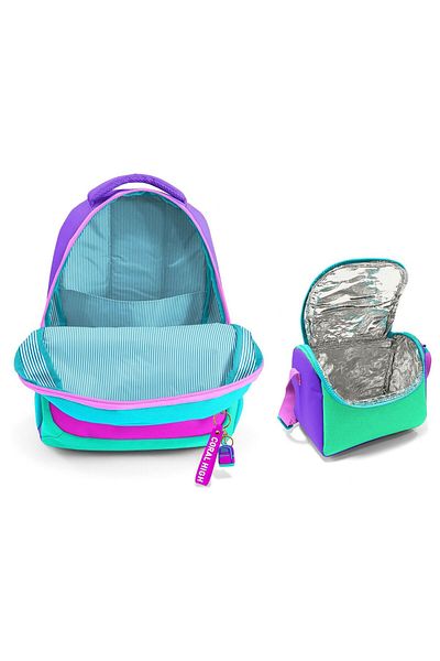 Coral High Coral Highthree-Eye Pink Green Multi-Colored School Backpack and Thermal Lunch Bag for Girls