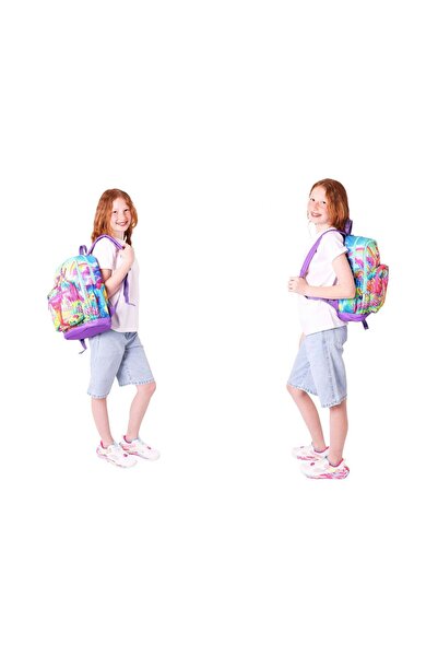 KAUKKO Four Compartment School Bag + Nutrition + Pen Holder Set (Ice Cream - Girl - Red Blue)