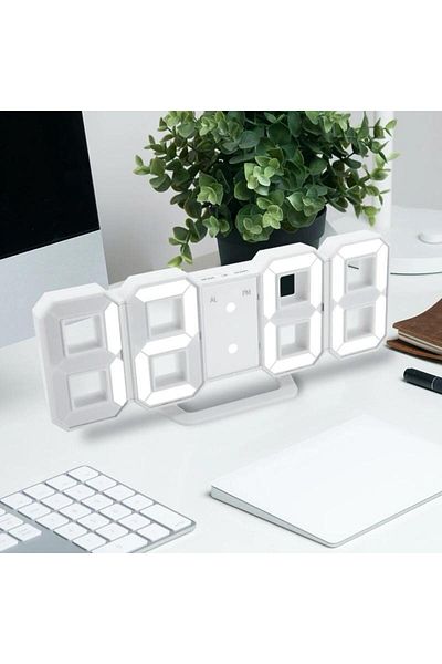 divendi-ro Ceas digital 3D cu iluminare LED, Pentru birou sau perete, Alb