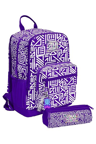 Coral High Girl's Backpack and Pen Holder Set - Purple White Geometric Shapes - Primary School