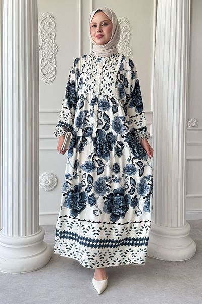 InStyle Vintage Patterned Gray Viscose Dress