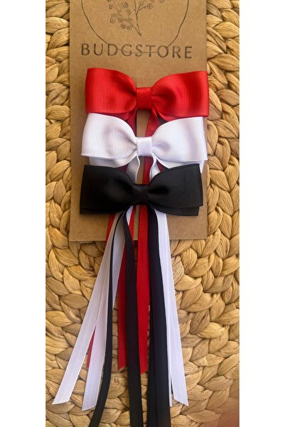 3pcs Red White Black Girls Buckle Set-Knit Latch Buckle and Ribbon Bowknots