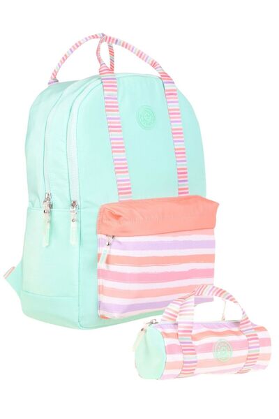 KAUKKO Set de geanți dublu - ghiozdan + suport stilou - verde apă roz - dungi...