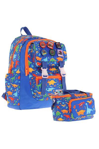 KAUKKO L5278+L7278 Set ghiozdan și cutie de prânz pentru băiat - albastru - dinozaur brodat