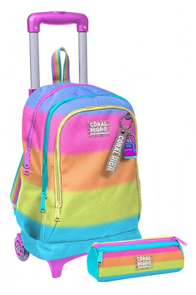 Coral High Lighted Girl, Pink Orange Color Transition Printed, Primary School Rickshaw Bag and Pen Holder Set