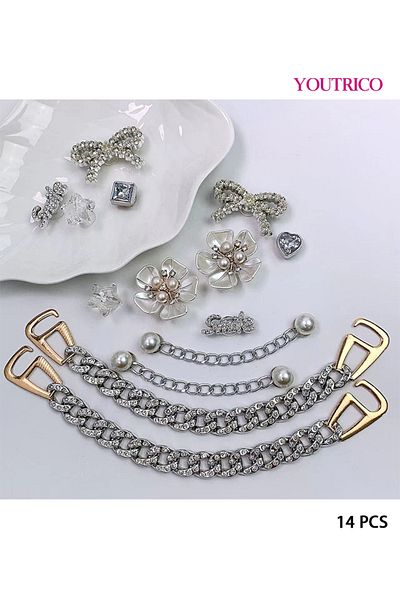 Youtrico 14pcs Silver Bow and White Rhinestone Chain Jibbitz Charms for Slipper Ornament