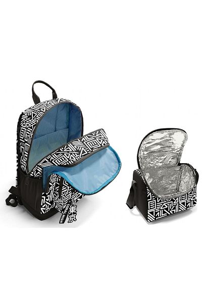 Coral High Primary and Secondary School Backpack and Nutrition Set - Black and White Geometric for Boys