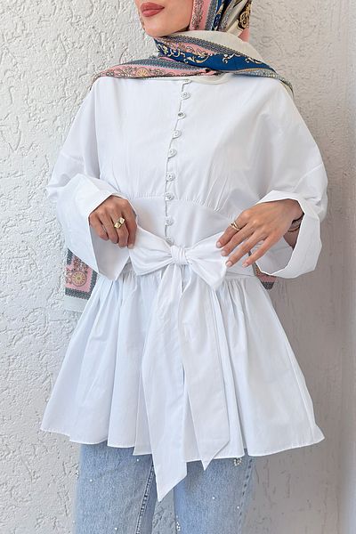 Salih Çelebi Belted Kimono Sleeve Tunic 2343 - White