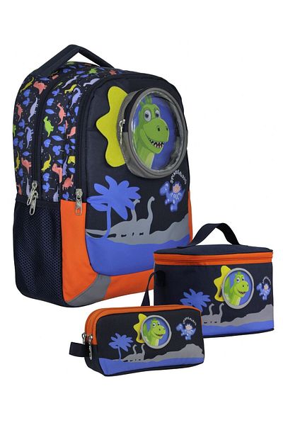 Cennec SETUMT5009A Set de genți triplu pentru școală primară (albastru roșu - dinozaur drăguț - băiat - design 3D)
