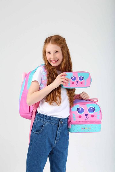 KAUKKO Girl's Triple Primary School 1.2.3.4. Classroom School Bag Set - Cute Cat Shaped - Pink Green