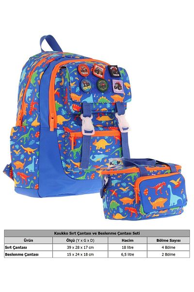 KAUKKO L5278+L7278 Set ghiozdan și cutie de prânz pentru băiat - albastru - dinozaur brodat
