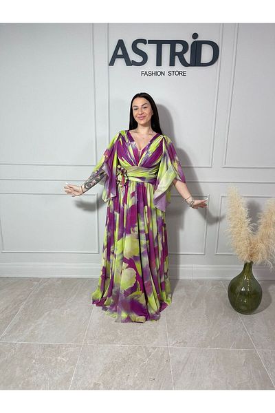ASTRID FASHION STORE Rochie Courtney lungă multicoloră din voal cu mânecă fluture