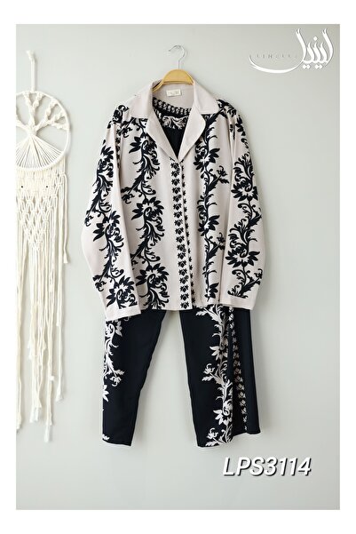 LINELLE طقم مطبوع منسق - أسود وأبيض فاتح مع زخارف عمودية من مزيج القطن والبوليستر.