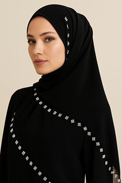 MODA Siyah Renk Taş Oyalı Yazma Pul Oyalı tülbent Yemeni Fular