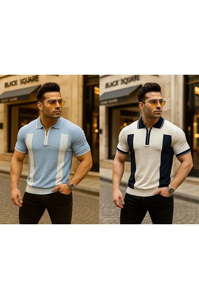 LC Waikiki Polo Neck Zippered Patterned Short Sleeve Men's Summer Knitwear Premium Quality T-Shirt 2-Piece