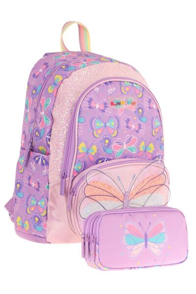 KAUKKO School Backpack and Three Compartment Pen Holder Set for Girls - Purpl...