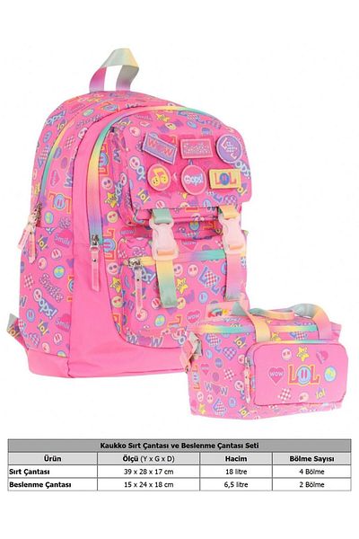 KAUKKO L5237+L7237 Girl's Double School Bag and Lunch Bag Set - Pink - Embroidered Lettering