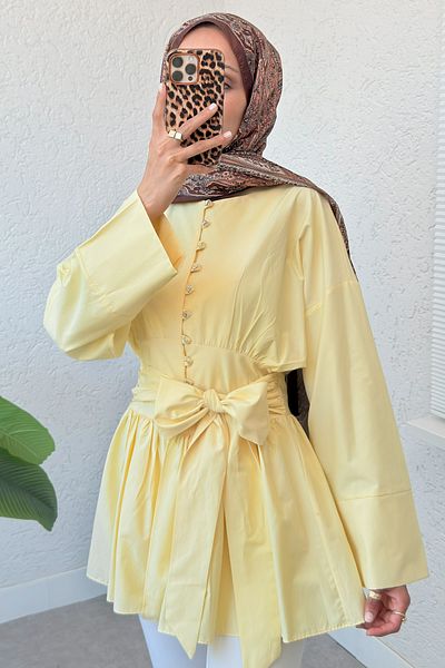 Salih Çelebi Belted Kimono Sleeve Tunic 2343 - Yellow