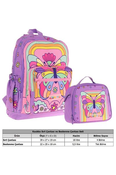 KAUKKO Butterfly Printed Girl's School Bag and Thermo Lunch Box Set - Purple Pink (L5248+L7248)