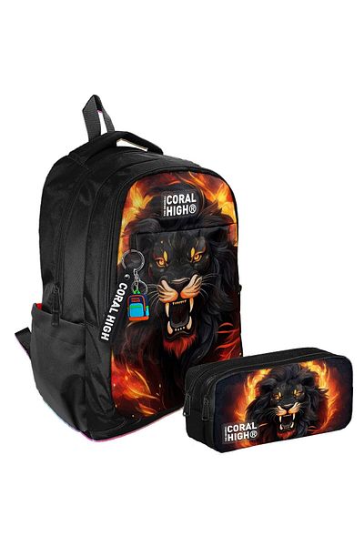 Coral High Set rucsac pentru școală primară/liceu și suport pentru stilouri cu două compartimente - bărbați - leu război negru