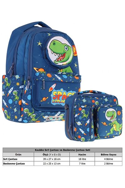KAUKKO Set de rucsac și cutie de prânz cu izolare termică pentru băieți, în formă de dinozaur 3D, albastru bleumarin